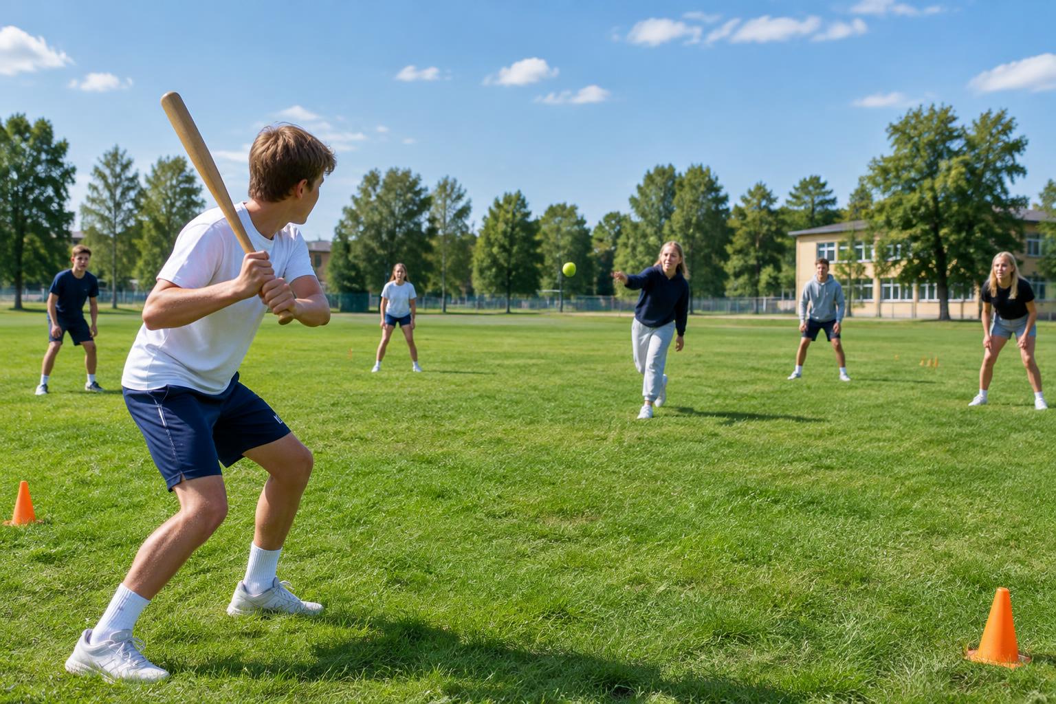 Elever spelar brännboll på ett gräsfält med koner och slagträ